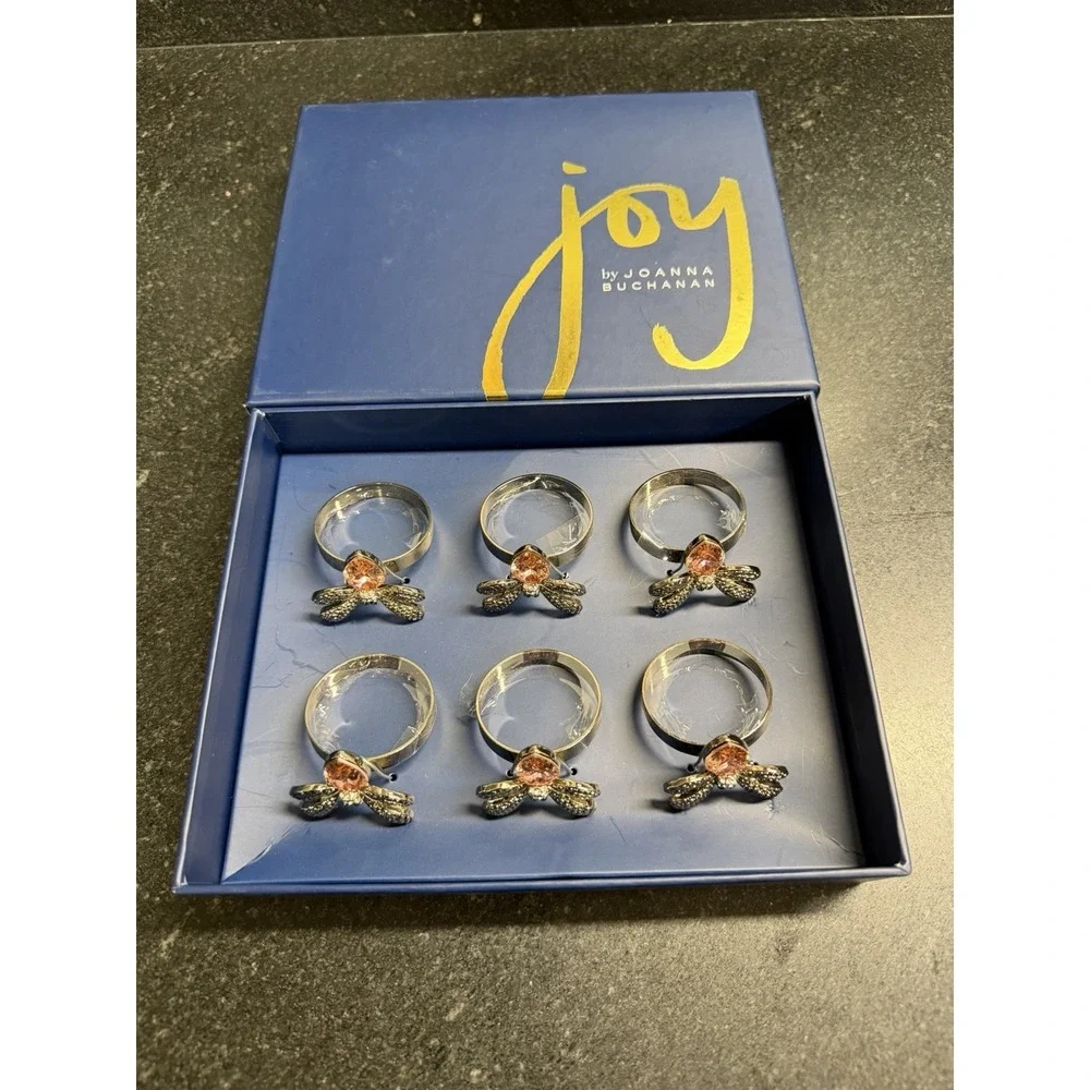 Joy by Joanna‎ Buchanan Dragonfly Jeweled Napkin Rings Set of 6 Pink Crystal Box